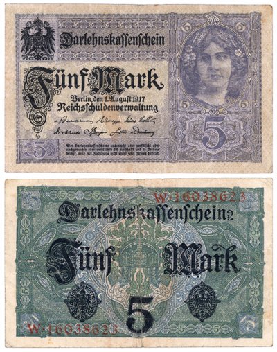 En fem marks seddel, 1917 (recto og verso) av German School