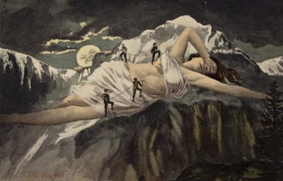 En naken kvinne på en fjellside som blir besteget av fjellklatrere mens månen ser på (collage) av German School