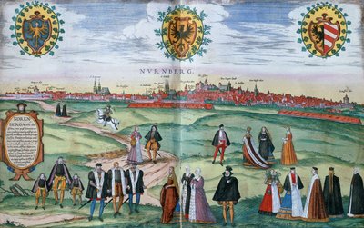 En panoramautsikt over Nürnberg, med figurer i lokal drakt i forgrunnen, ca. 1575 av German School
