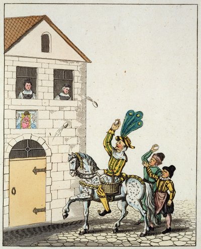 En runddans på hovedtorget, fra Old Nurembergs Customs and Jester on a Piebald Horse Throwing Eggs, fra Old Nurembergs Customs and Practices in Games and Songs, gjenutgitt 1831 (farge av German School