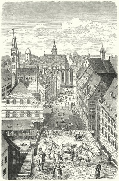 En gate i Nürnberg på 1400-tallet (gravering) av German School