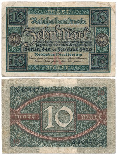 En ti marks seddel, 1920 (recto og verso) av German School