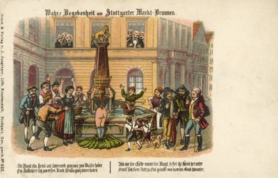 En sann historie ved Stuttgart Market Fountain (farge litho) av German School