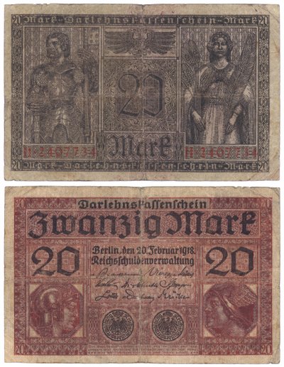 En tjue marks seddel, 1918 (recto og verso) av German School