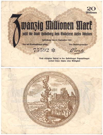 En seddel på tjue millioner mark, 1923 (recto og verso) av German School