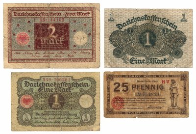 En tomarksseddel, to enmarkssedler og en tjuefem pfennig-seddel, 1920-21 av German School