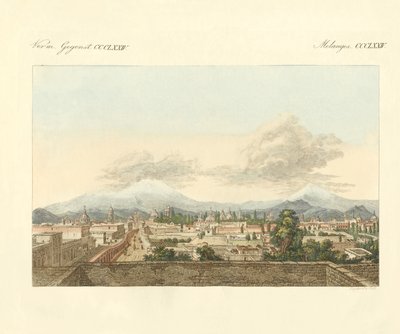 En utsikt over Mexico og de fjernere omgivelsene i den byen (farget gravering) av German School