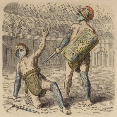 En såret romersk gladiator ber til mengden om livet (farget gravering) av German School