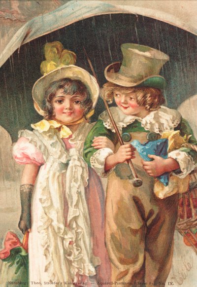 En ung gutt går arm i arm med en ung jente (farge litho) av German School