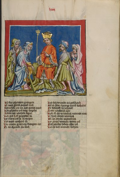Aaron Transforms the Rod into a Serpent fra Weltchronik Ms. 33, fol. 73, ca. 1400-10 (tempera, gull- og sølvmaling, blekk på pergament) av German School