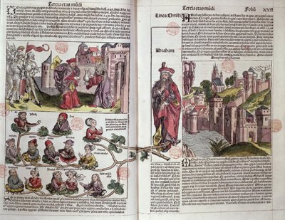 Abraham og hans etterkommere, fra Nürnberg-krøniken av Hartmann Schedel (1440-1514) 1493 (farget tresnitt) av German School