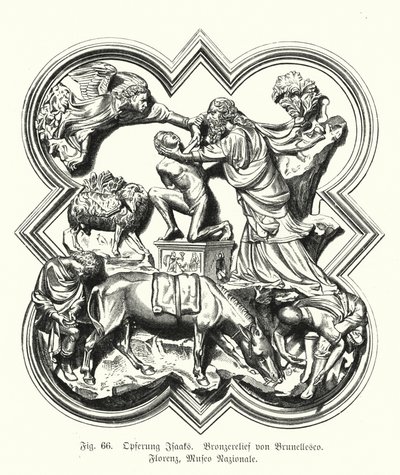 Abraham ofrer sønnen Isak til ofring, bronserelieff av Filippo Brunelleschi (gravering) av German School