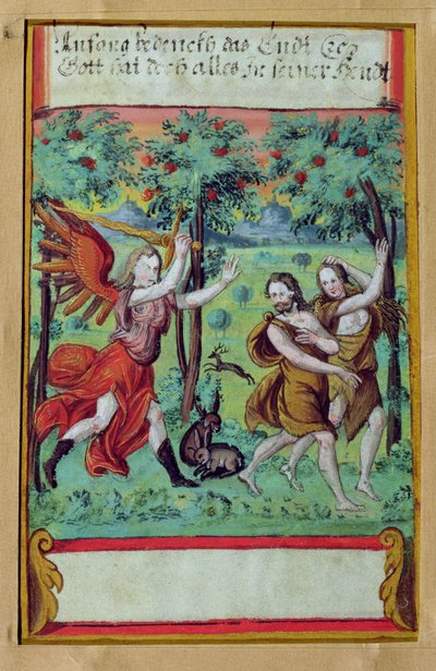 Adam og Eva utvist fra Edens hage, ca. 1640 (gouache på vellum) av German School