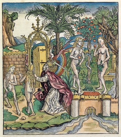 Adam og Eva blir forvist fra Eden, publisert i Nuremberg Chronicle, 1493 av German School