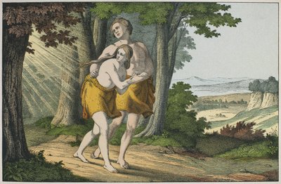 Adam og Eva utvist fra paradis, illustrasjon fra LAncien Testament, utgitt av Jakob Ferdinand Schreiber, Esslingen (fargegravering) av German School
