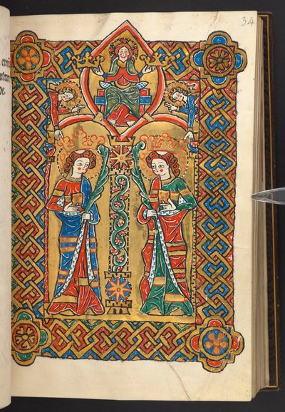 Legge til. 60629, f.34 Kristus og engler kroner to klosterhelgener (vellum) av German School