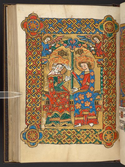 Legge til. 60629, f.56v Jomfruens kroning, med røkelseengler (vellum) av German School