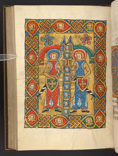 Legge til. 60629, f.84v To militære helgener, med andres hoder (vellum) av German School