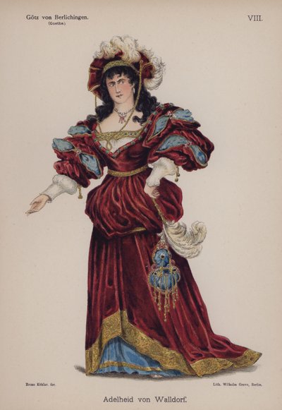 Adelheid von Walldorf, fra Gotz von Berlichingen av Goethe (farge litho) av German School