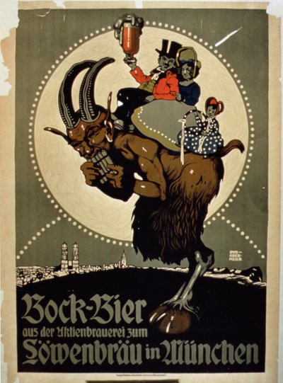 Annonse for Bock Beer fra Lowenbrau Brewery, München av German School