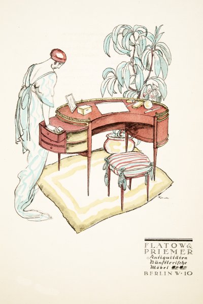Reklame for Flatow amp; Priemer, Antikviteter, fra Styl, utgivelsesdato 1922 (pochoir-trykk) av German School
