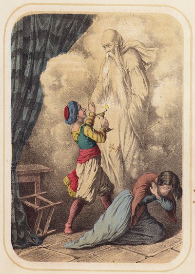 Aladdin, en scene fra Tusen og én natt (fargelitho) av German School