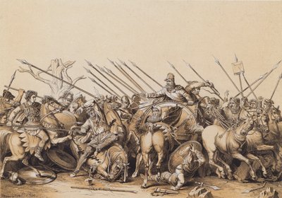 Aleksander den store og hæren hans i kamp (fargelitografi) av German School