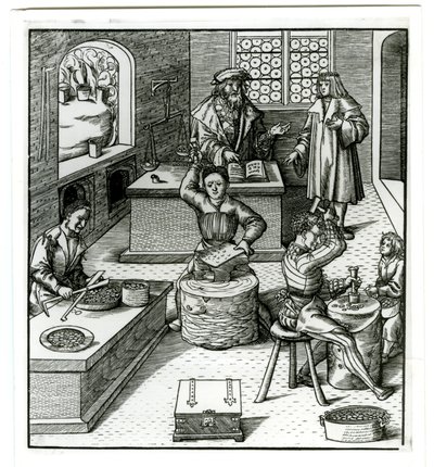 En europeisk mynte fra tidlig sekstende århundre, fra Der Weisskunig (gravering) av German School