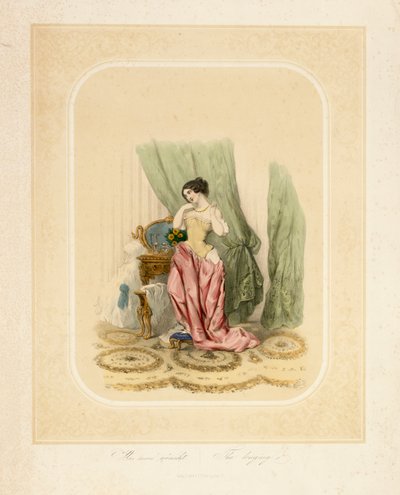 En elegant dame ved sminkebordet hennes, trykt av F. Sala & Co, Berlin, ca. 1850 av German School
