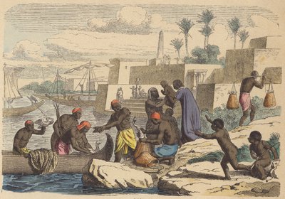 Gamle egyptiske fiskere (farget gravering) av German School