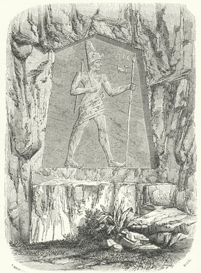 Gammelt egyptisk relieff som antas å forestille farao Sesostris eller Ramesses II (gravering) av German School