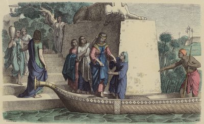 Gammel egyptisk kvinne av høy rang tar en båttur (farget gravering) av German School