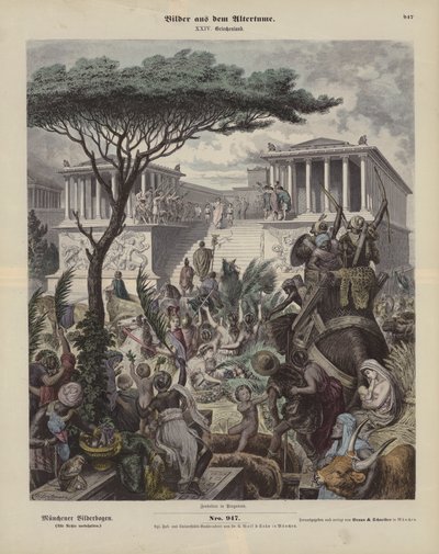 Gammelt gresk alter i byen Pergamon, Lilleasia (farget gravering) av German School
