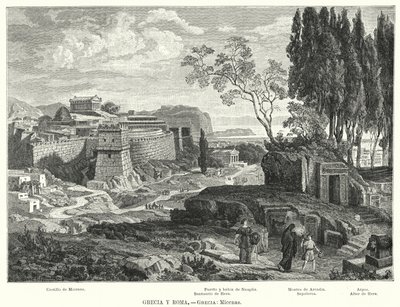 Den antikke greske byen Mykene (litho) av German School