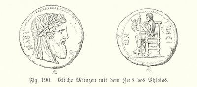 Gamle greske mynter fra Elis med bilder av Zeus fra Phidias (gravering) av German School