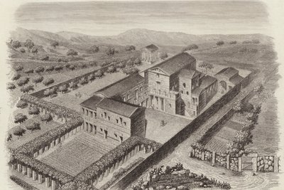 Gammelt gresk landsted i Al-Barah, Syria. Illustrasjon for Bilder-Atlas (gravering) av German School