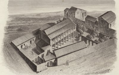 Gamle greske hus i Moudleja, Syria. Illustrasjon for Bilder-Atlas (gravering) av German School