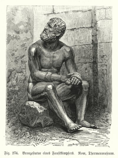 Gammel gresk eller romersk bronsestatue av en sittende bokser (gravering) av German School