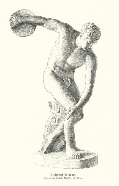 Gammel gresk statue av en diskoskaster som kaster (gravering) av German School