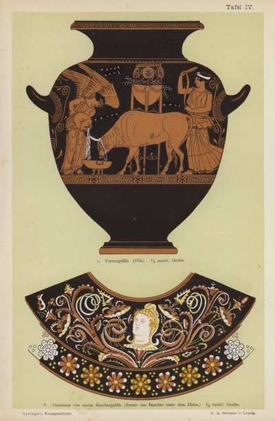 Gammel gresk oppbevaringskrukke og ornament fra et røkelsekar (farge litho) av German School