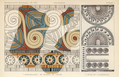 Gammelt gresk veggmaleri fra et palass i Tiryns og frise med glasspasta-dekor (farge litho) av German School