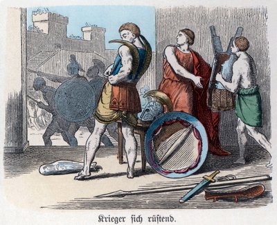 Antikkens historie. Hellas. Greske krigere bevæpner seg til krig. ... (gravering) av German School