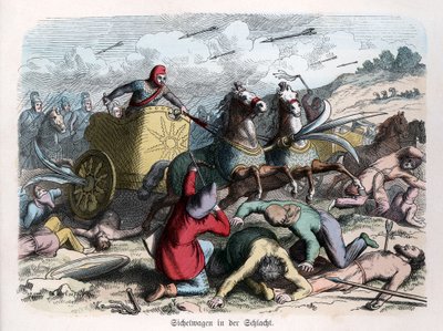 Antikkens historie. Persia. Krigsvogn med sigder i hjulene. ... (gravering) av German School