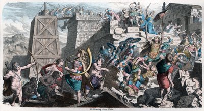 Antikkens historie. Roma. Romerne angriper en by ... (gravering) av German School