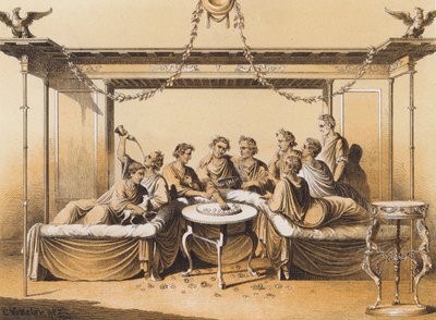 Gamle romere nyter et måltid (fargelitografi) av German School