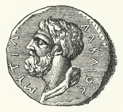 Gammel mynt som viser hodet til den greske poeten Alcaeus fra Mytilene av German School