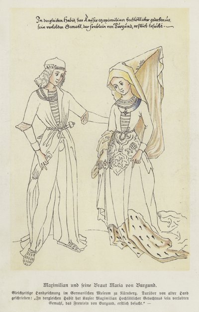 Erkehertug Maximilian av Østerrike og hans brud, Maria av Burgund (farge litho) av German School