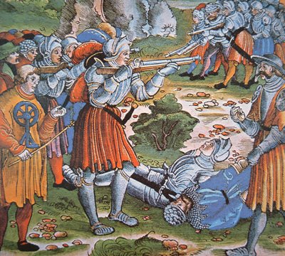 Pansrede soldater som skyter fyrstikklås Arquebus, sent på 1400-tallet (håndfarget tresnitt) av German School