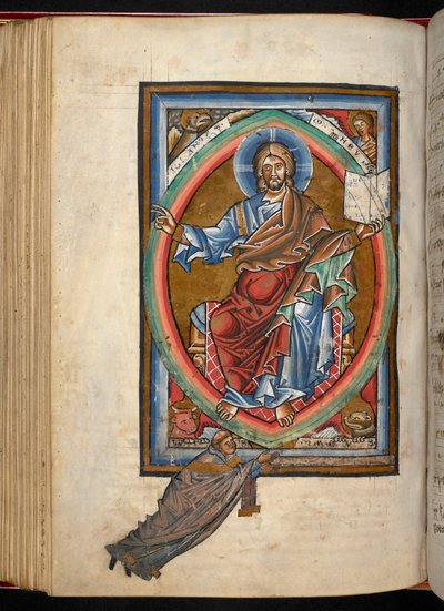 Arundel 156, f.99v, Kristus sitter på tronen i majestet i en mandorla, omgitt av de fire symbolene til evangelistene, fra 'Gradual, Sequentiary, and Sacramentary' (vellum) av German School