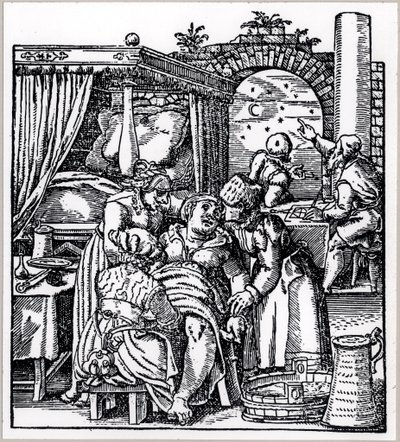 Astrologer kaster et horoskop for barnet som blir født til en kvinne i en fødselsstol, fra De Conceptu et Generatione Hominis av Jacob Rueff, utgitt i Frankfurt, 1587 av German School